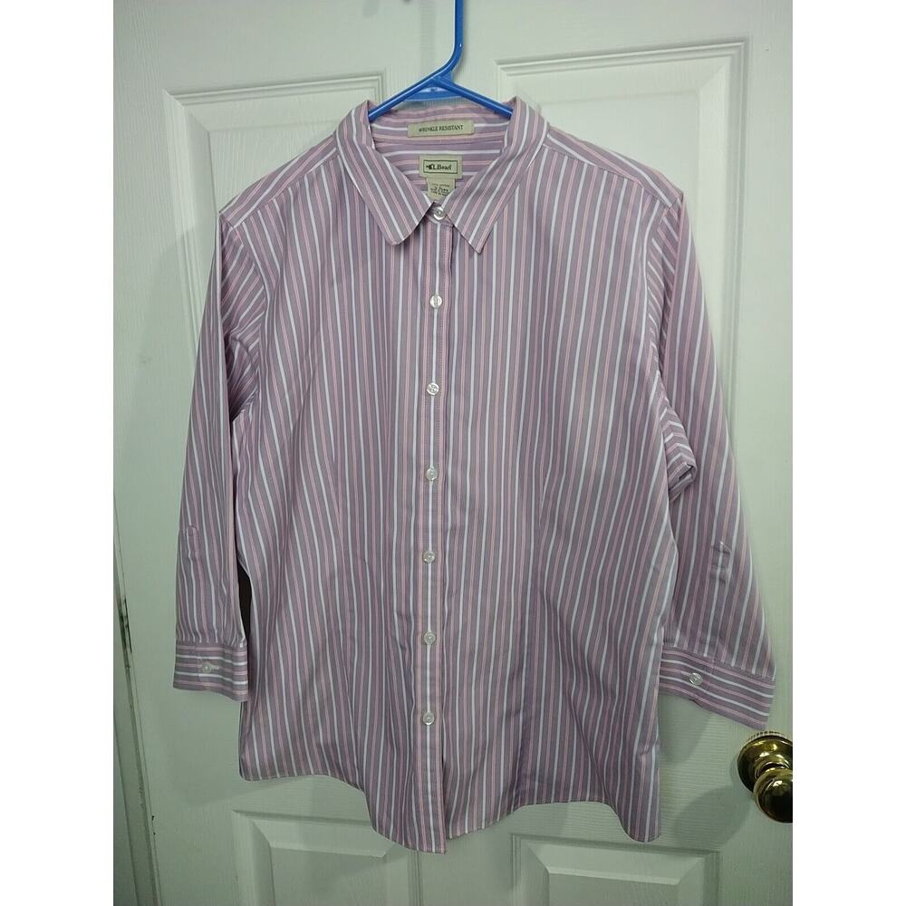 L.L. Bean Woman L Shirt Purple Pink Striped Button 3/4 Sleeve Wrinkle Resistant